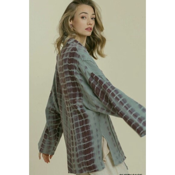 New Umgee L Dusty Sage Tie Dye Open Front Tie Kimono Side Slit - Picture 3 of 5